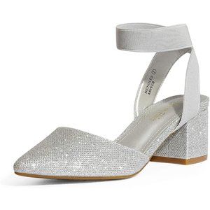 Pointed Toe Low Chunky Block Heel Pump Silver Glitter Buckle Closure Latex Shoes